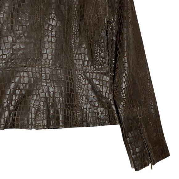 Alfani Petite Brown Leather Jacket Crew Neck Snake Skin Pockets Peplum PP - Picture 10 of 16